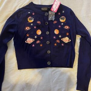 Women’s Navy Blue Planet Embroidered Cardigan-NWT